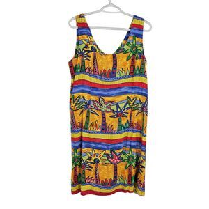 Palm Bay Dress Multicolor Tropical Print Sleeveless Hawaiian Y2K Mini Size M